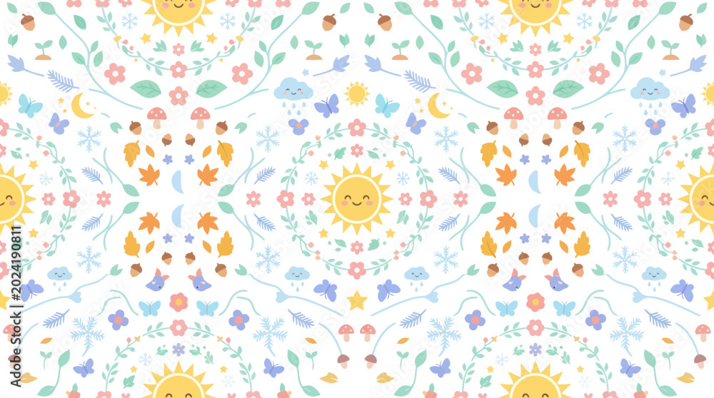 Fototapeta premium Cute Four Seasons Nature Seamless Pattern Vector. Flat Cartoon Elements Icons for Children's Design.