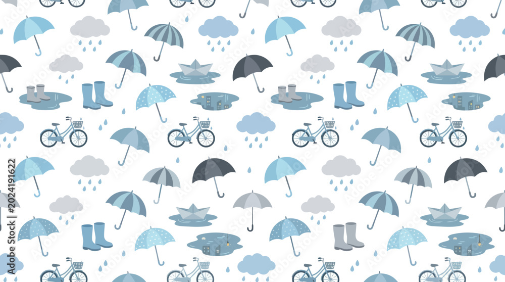 Obraz premium Rainy Day Weather Lifestyle Flat Vector Seamless Pattern with Umbrellas and Rain Boots