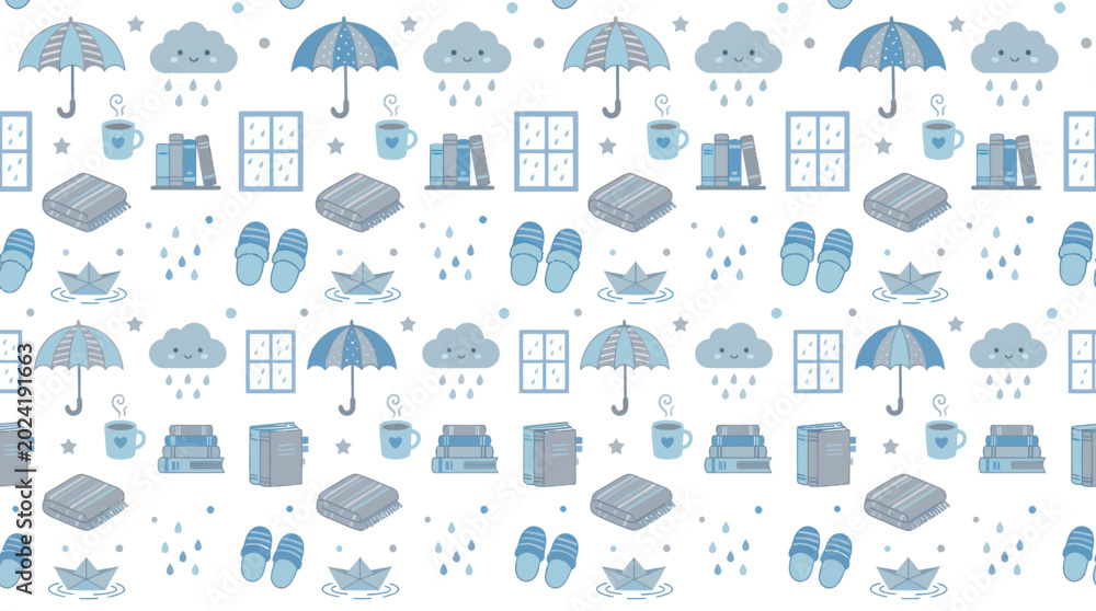 Obraz premium Cute Rain Pattern with Umbrellas, Clouds, Books, and Cups - Flat Vector Art