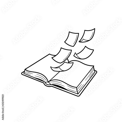 An open book with pages flying out, a simple black and white illustration of reading