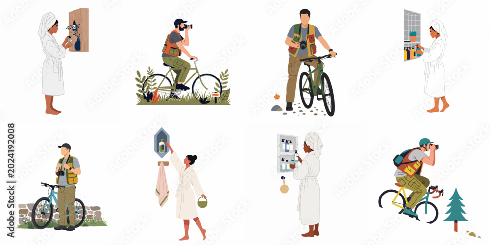 Fototapeta premium Diverse collection of flat illustrations showing people in morning routines and outdoor photography activities with bicycles and cameras.
