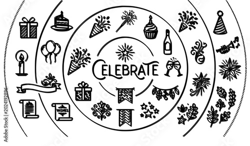 Foto Celebration and holiday outline icons in circular layout with party popper gifts