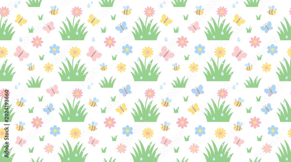 Naklejka premium Cute Spring Pattern with Butterflies, Bees, and Flowers - Flat Illustration