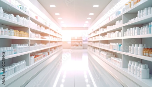 A bright, clean pharmacy aisle lined with shelves stocked with various medications and health products.