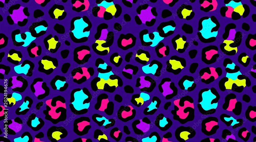 Obraz premium Vibrant Neon Leopard Print Seamless Pattern Retro Memphis Style with Bold Animal Spots and Geometric Accents on Purple Background High Energy Graphic Design