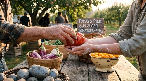 Close-up of hands exchanging a ripe red tomato at an outdoor farmer's market, highlighting fresh, locally sourced produce and strong community support