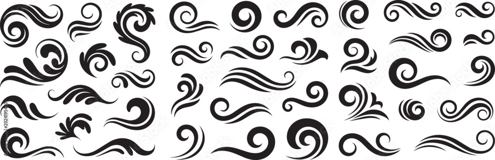 Fototapeta premium Vector art of Stylized Swirl and Wave Baroque Inspired Ornamental Vector Designs Elegant Decorative Flourish Elements Collection.