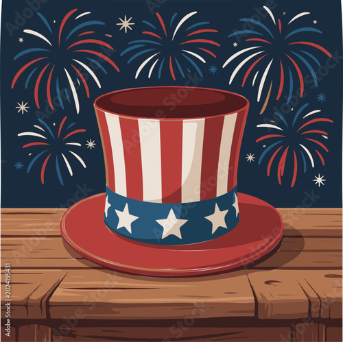Patriotic top hat, American Independence Day hat, red white blue fireworks, star spangled hat icon
