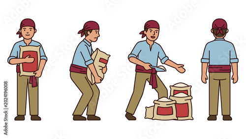 Slika na platnu Grain warehouse worker character set showing lifting carrying and scooping sacks of flour