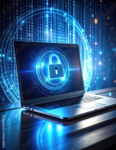 A laptop displays a glowing padlock icon, symbolizing digital security against a backdrop of binary code.