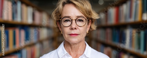 Mature Woman With Glasses in Library Against Blurred Bookshelves Representing Lifelong Learning Intellectual Confidence and Active Aging