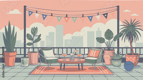 Outdoor patio, urban rooftop, colorful furniture, cityscape background, vector illustration