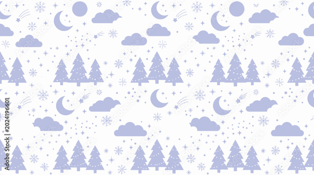 Obraz premium Cute Flat Style Winter Holiday Seamless Pattern with Christmas Trees, Snowflakes, Moons, and Stars