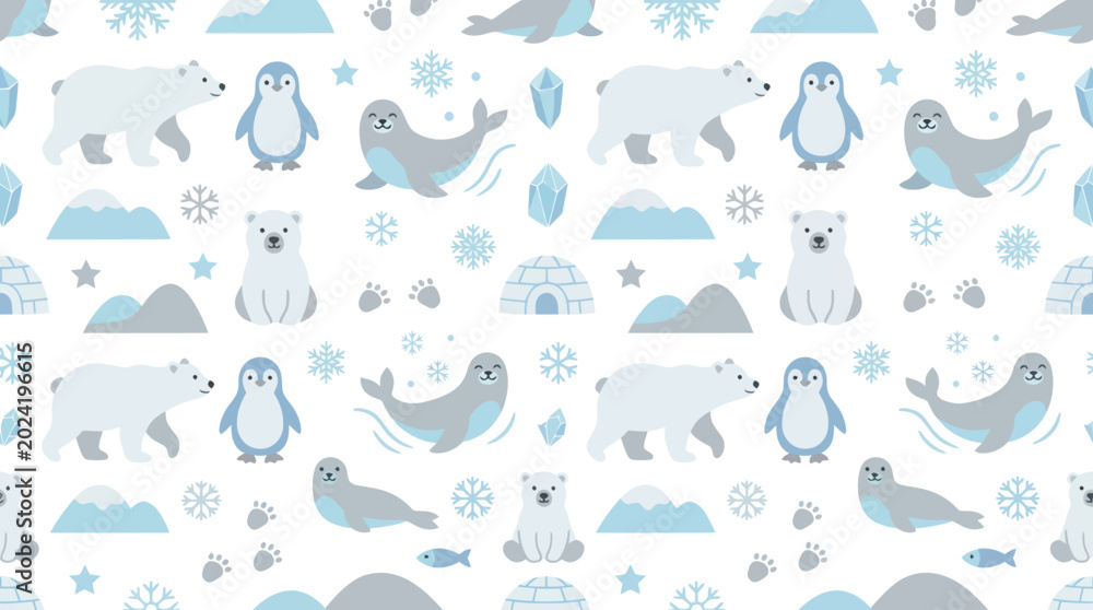Fototapeta premium Cute Arctic Animals Seamless Pattern - Polar Bears, Penguins, Seals, Flat Style