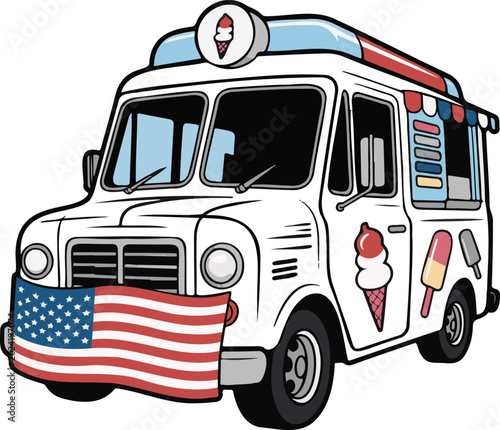 American ice cream truck, patriotic vehicle, colorful illustration, food cart, dessert van