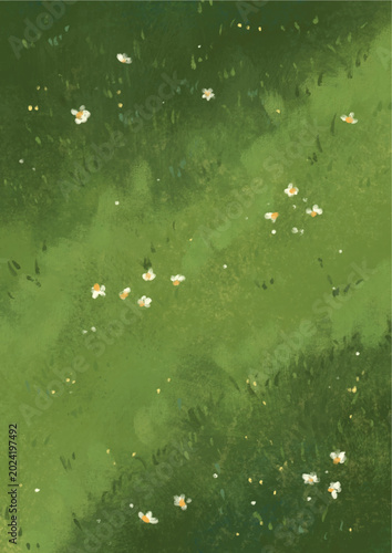 Top view artistic oil painting of green grass field with scattered small white flowers