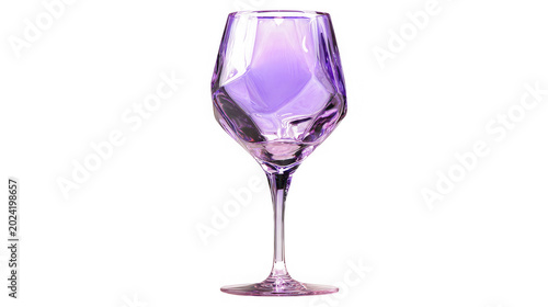 Wine glass featuring a unique geometric faceted design glows with a vibrant purple gradient hue.