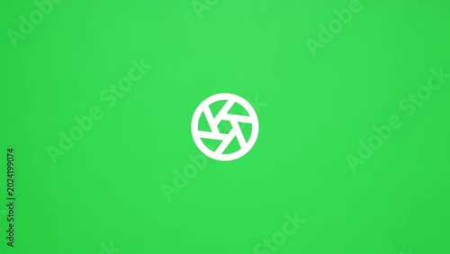 Clean white camera aperture icon on a green background, simple graphic element