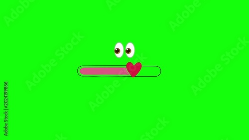 Animated loading bar with heart icon and cartoon eyes on green screen background