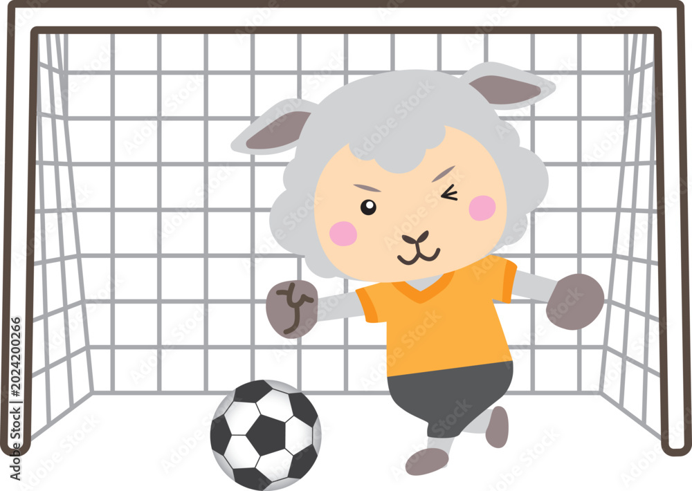Φωτογραφία 羊のサッカーゴールキーパーキャラクターとゴールネットフレームのイラスト