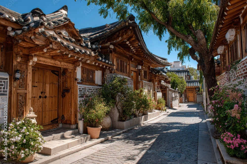 Obraz premium Traditional Korean Hanok houses lining a cobblestone street in Bukchon Hanok Village, with vibrant flowers and trees enhancing the scenic view