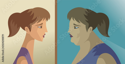 thin woman with eating disorder seeing obese distorted reflection in mirror