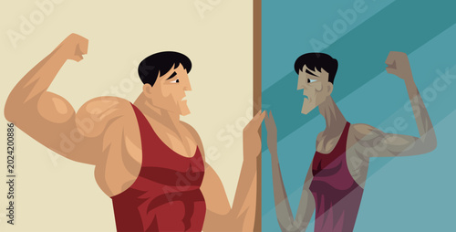 muscular bodybuilder with vigorexia seeing skinny distorted reflection