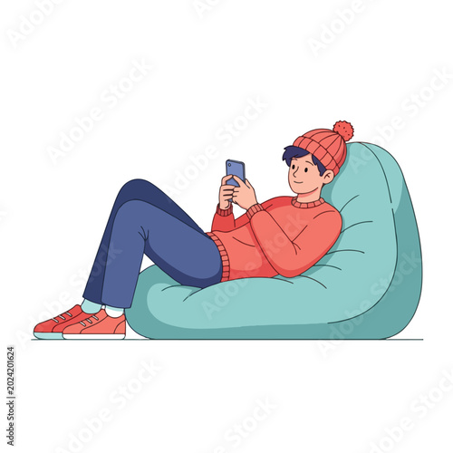 Photos A minimalist flat design illustration of a teenager lying on a beanbag, scrolling through a smartphone