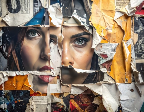 A fragmented collage features a woman's face, revealing layers of torn paper and vibrant colors.