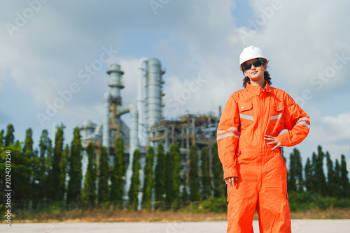 Canvastavla Oil and gas refinery in petroleum industry, industrial worker in orange coverall