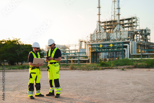 Photos Oil and gas refinery in petroleum industry, industrial plant workers review safe