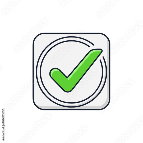 A green check mark icon inside a white square with a circle around it, simple design