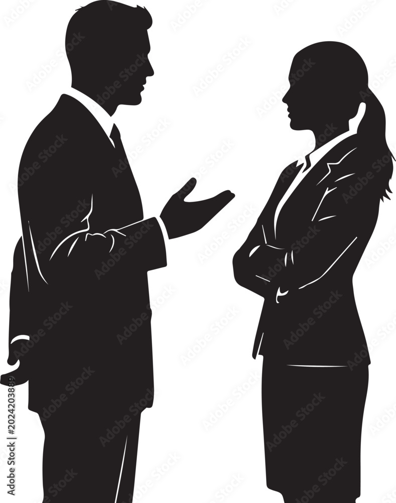 Fototapeta premium Businessman and businesswoman shaking hands in a professional meeting silhouette illustration