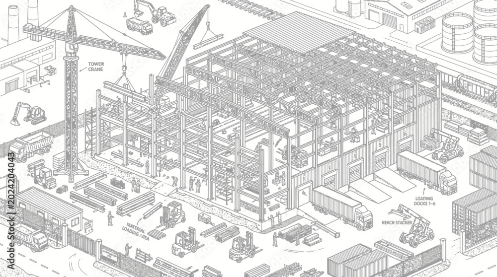 Fototapeta premium Construction workers build large industrial factory with crane and trucks on site