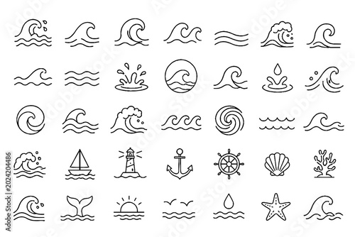 Ocean Wave Icon Set – Water Waves, Sea, Surf, Tsunami Line Icons Collection, Editable Vector Illustration