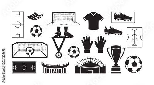 Tableau sur toile Soccer icon set featuring stadium goal post football ball cleats jersey and championship trophy vector design
