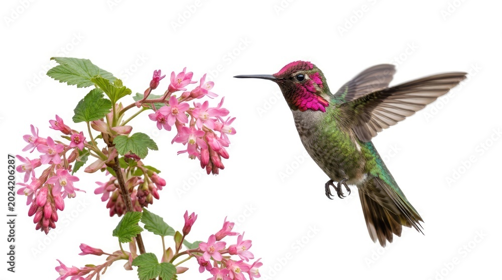 Fototapeta premium Vibrant Hummingbird Hovering Beside Pink Blossoms on White Background