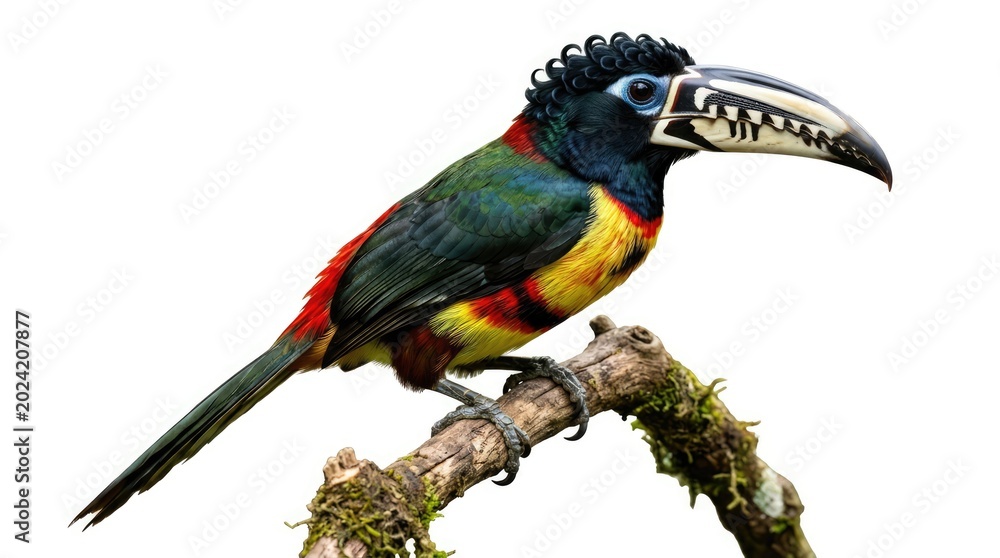Fototapeta premium Colorful Curl Crested Aracari Perching on Mossy Branch Isolated on White Background