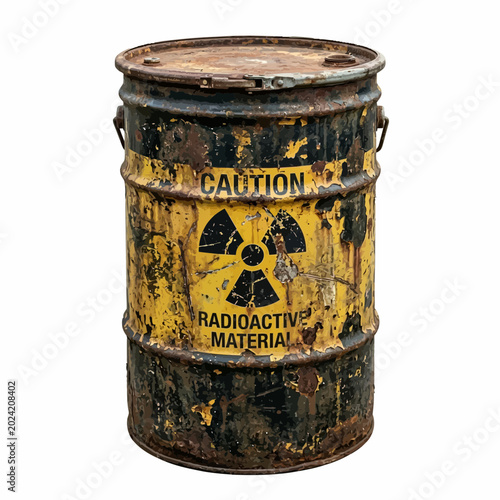 Rusty Radioactive Material Barrel with Caution Sign