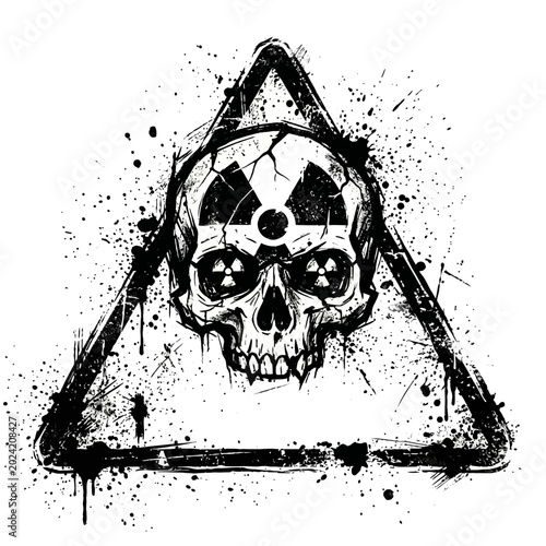 Skull with radioactive symbol in hazard triangle, grunge style