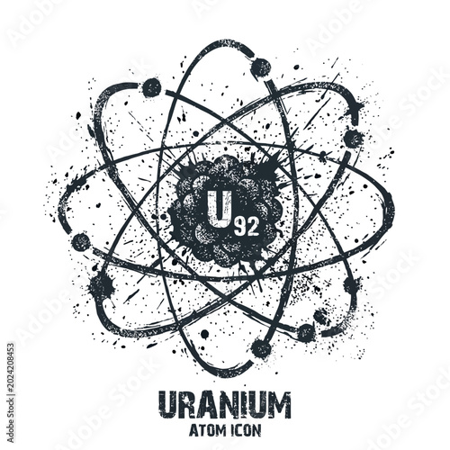 Uranium atom icon, atomic structure, grunge style