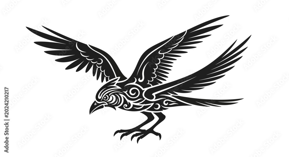 Fototapeta premium Tribal Raven Silhouette with Ornate Swirls, Black Bird Tattoo Design