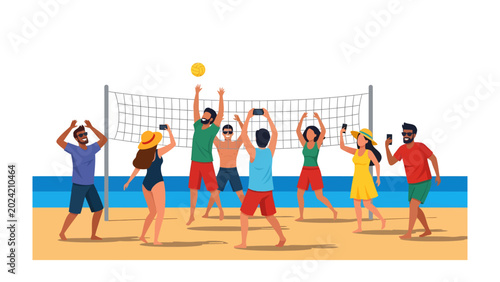 Fotografía Beach Volleyball Blitz: A vibrant illustration captures a lively game of beach volleyball, with friends playing and cheering on a sunny shore, embodying the spirit of summer fun and camaraderie