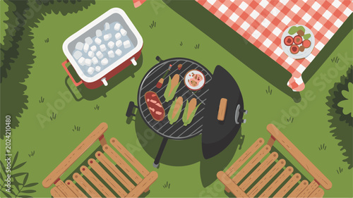 Top View Illustration of a Backyard Summer BBQ Party with Charcoal Grill, Cooler Box, and Picnic Table on Green Grass