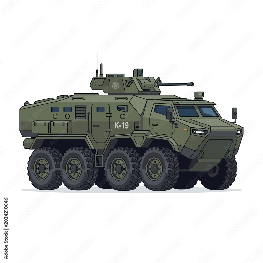 Fototapeta premium Green armored personnel carrier with eight wheels and a turret, pixel art illustration