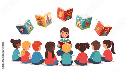 Φωτογραφία Story Time Magic: A nurturing teacher reads a book to a circle of eager children, surrounded by a whimsical array of open storybooks, sparking imagination and a love for reading