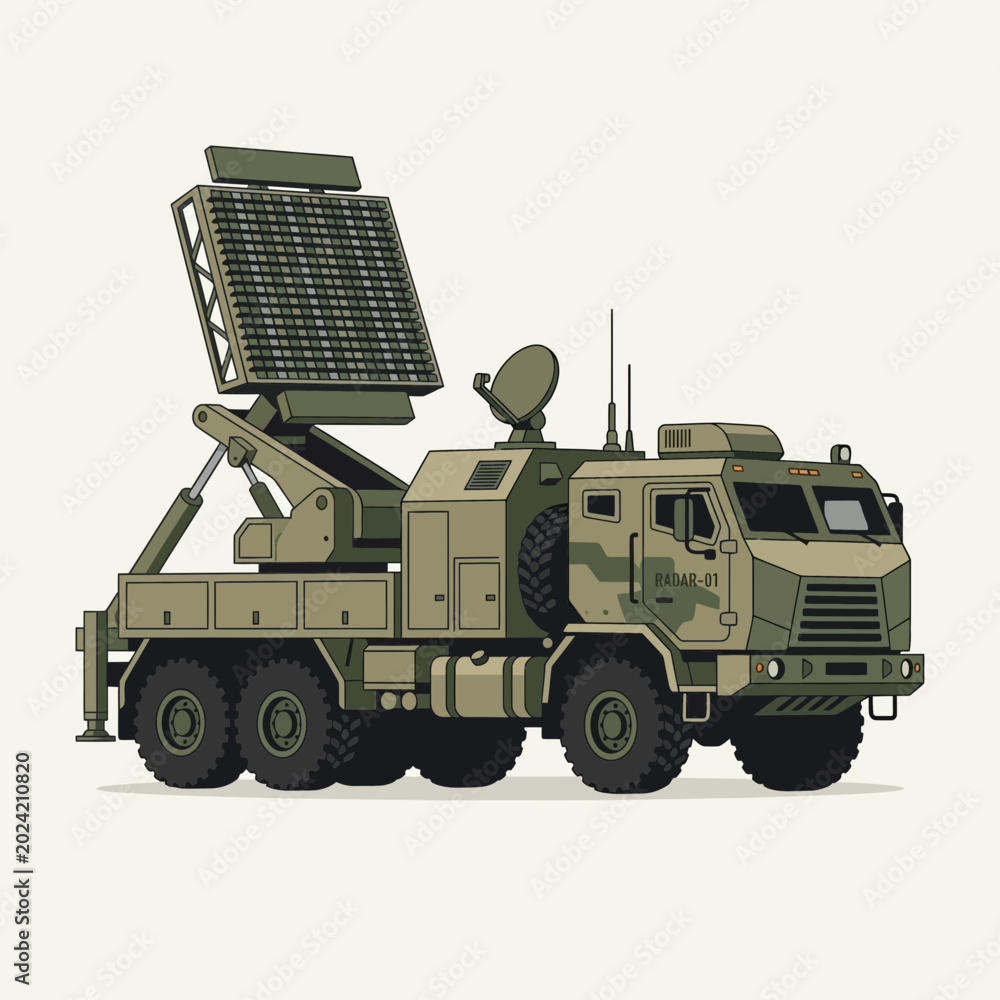Fototapeta premium Military radar truck, camouflage, defense technology, surveillance system
