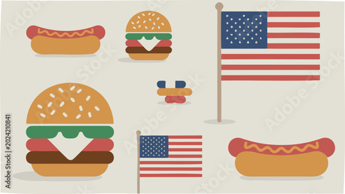 American Food Illustration Set with Burgers, Hot Dogs, and USA Flags for Fourth of July and Memorial Day Celebrations