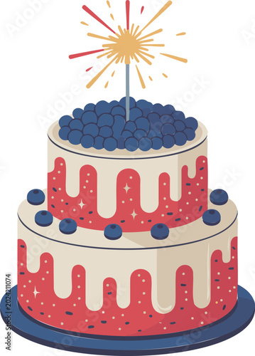 Two-Tiered Birthday Cake Illustration with Fresh Blueberries, Red Glaze, and a Sparkling Firework Topper Isolated on White