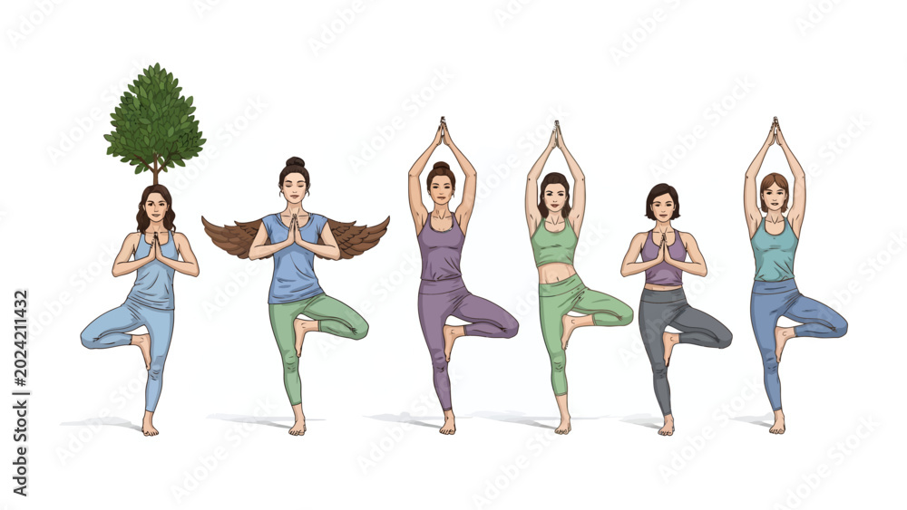 Obraz premium Yoga Poses and Tree Growth: A line of women in various yoga poses, one with a tree growing from her head and another with bird wings, symbolizes growth, nature, and inner balance.